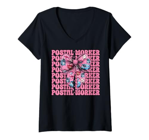 Damen Postangestellter Postträger Post Lady Girl Mom Kokette Schleife T-Shirt mit V-Ausschnitt von Womens Coquette Bow Postal Worker Mail Lady Gifts