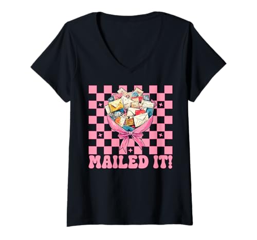 Damen Postangestellter Postträger Post Lady Girl Mom T-Shirt mit V-Ausschnitt von Womens Coquette Bow Postal Worker Mail Lady Gifts