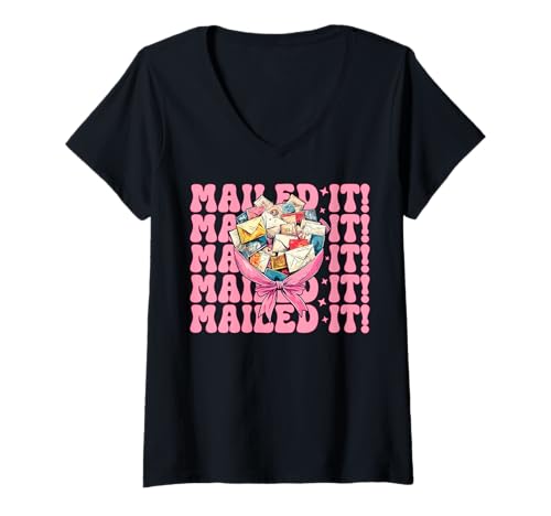 Damen Postangestellter Postträger Post Lady Girl Mom T-Shirt mit V-Ausschnitt von Womens Coquette Bow Postal Worker Mail Lady Gifts