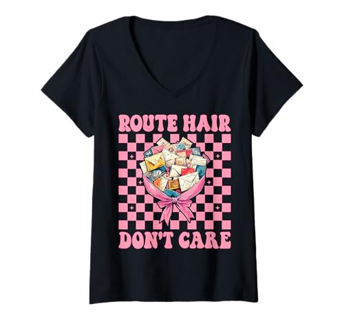 Damen Postangestellter Postträger Post Lady Route Hair Don't Care T-Shirt mit V-Ausschnitt Damen Postangestellter Postträger Post Lady Route Hair Don't Care T-Shirt mit V-Ausschnitt von Womens Coquette Bow Postal Worker Mail Lady Gifts