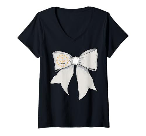 Damen Kokettenschleifenband mit der Flagge des Bundesstaates Rhode Island für Mädchen T-Shirt mit V-Ausschnitt von Womens Coquette Bow Rhode Island Heritage Gifts