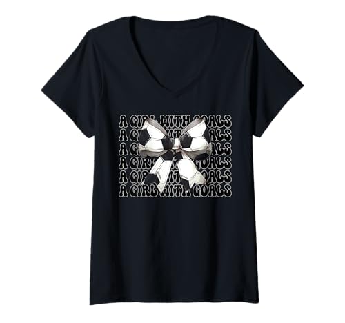 Damen A Girl With Goals Fußball-Mädchen Kokette Bogen T-Shirt mit V-Ausschnitt von Womens Coquette Bow Ribbon Soccer Player Gifts
