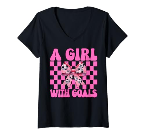 Damen Be A Girl With Goals Fußball-Mädchen Kokette Schleife T-Shirt mit V-Ausschnitt von Womens Coquette Bow Ribbon Soccer Player Gifts
