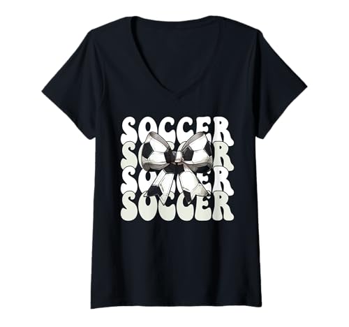 Damen Fußball Mädchen Fußball Mama Muttertag Kokette Schleife T-Shirt mit V-Ausschnitt von Womens Coquette Bow Ribbon Soccer Player Gifts