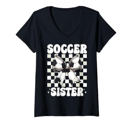 Damen Fußball Schwester Fußball Schwester Mädchen Kokette Bogen T-Shirt mit V-Ausschnitt von Womens Coquette Bow Ribbon Soccer Player Gifts