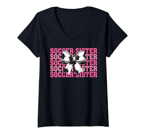 Damen Fußball Schwester Kokette Bogen T-Shirt mit V-Ausschnitt Damen Fußball Schwester Kokette Bogen T-Shirt mit V-Ausschnitt von Womens Coquette Bow Ribbon Soccer Player Gifts