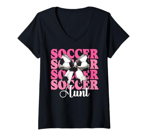 Damen Fußballtante Kokette Schleife T-Shirt mit V-Ausschnitt Damen Fußballtante Kokette Schleife T-Shirt mit V-Ausschnitt von Womens Coquette Bow Ribbon Soccer Player Gifts