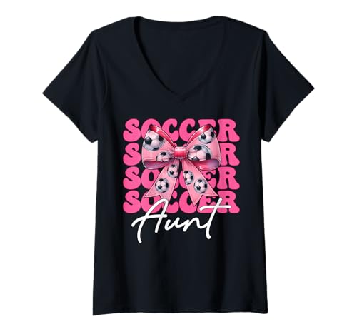 Damen Fußballtante rosa Kokette Schleife T-Shirt mit V-Ausschnitt Damen Fußballtante rosa Kokette Schleife T-Shirt mit V-Ausschnitt von Womens Coquette Bow Ribbon Soccer Player Gifts