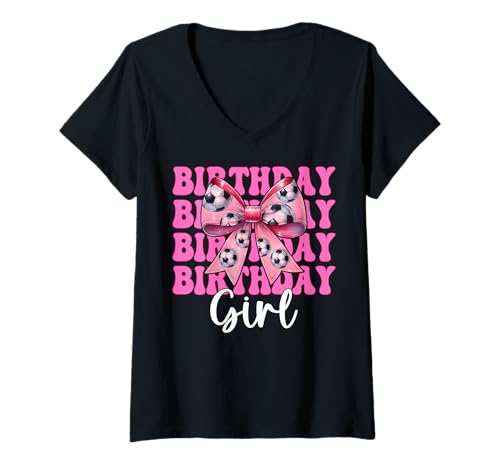 Damen Geburtstag Mädchen Fußball Mädchen Fußball Mama Kokette Schleife T-Shirt mit V-Ausschnitt von Womens Coquette Bow Ribbon Soccer Player Gifts