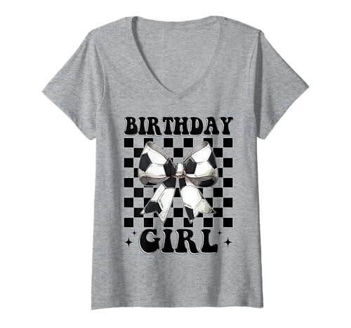 Damen Geburtstag Mädchen Fußball Mädchen Kokette Schleife T-Shirt mit V-Ausschnitt von Womens Coquette Bow Ribbon Soccer Player Gifts