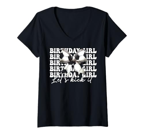 Damen Geburtstag Mädchen Let's Kick It Soccer Girl Mom Mama Kokette T-Shirt mit V-Ausschnitt von Womens Coquette Bow Ribbon Soccer Player Gifts