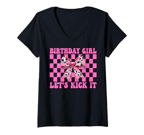 Damen Geburtstag Mädchen Let's Kick It Soccer Girl Mom Mama Kokette T-Shirt mit V-Ausschnitt von Womens Coquette Bow Ribbon Soccer Player Gifts
