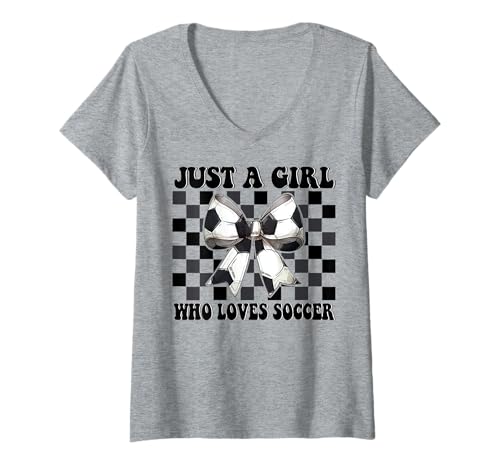 Damen Just A Girl Who Loves Soccer Kokettschleife T-Shirt mit V-Ausschnitt von Womens Coquette Bow Ribbon Soccer Player Gifts