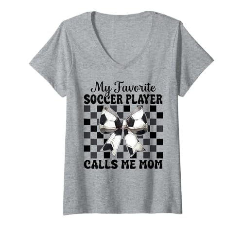 Damen Mein Lieblingsfußballspieler nennt mich Mama Mama Muttertag T-Shirt mit V-Ausschnitt von Womens Coquette Bow Ribbon Soccer Player Gifts
