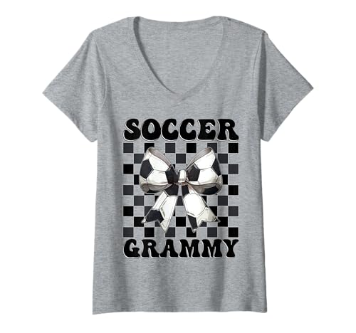 Damen Soccer Grammy Soccer Oma Kokette Bogen T-Shirt mit V-Ausschnitt Damen Soccer Grammy Soccer Oma Kokette Bogen T-Shirt mit V-Ausschnitt von Womens Coquette Bow Ribbon Soccer Player Gifts