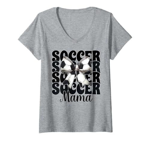 Damen Soccer Mama Soccer Mom Muttertag Kokette Schleife T-Shirt mit V-Ausschnitt von Womens Coquette Bow Ribbon Soccer Player Gifts
