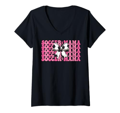 Damen Soccer Mama Soccer Mom Muttertag Kokette Schleife T-Shirt mit V-Ausschnitt von Womens Coquette Bow Ribbon Soccer Player Gifts