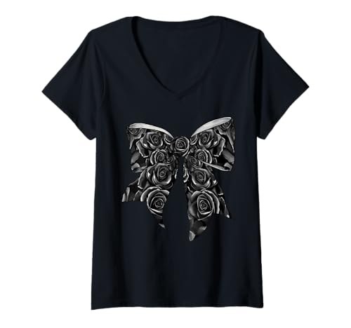 Damen Schwarze Rosen Rose Blumenmuster Mädchen Kokette Schleife T-Shirt mit V-Ausschnitt von Womens Coquette Bow Roses Black Flower Gifts