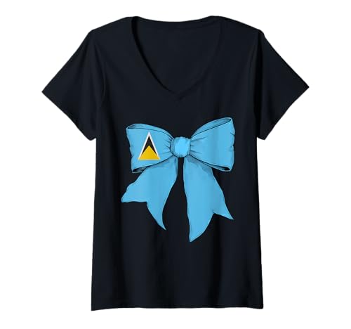 Damen Sankt Lucia St. Lucian Pride Flagge Mädchen Kokette Schleife Band T-Shirt mit V-Ausschnitt von Womens Coquette Bow Saint Lucia Heritage Gifts