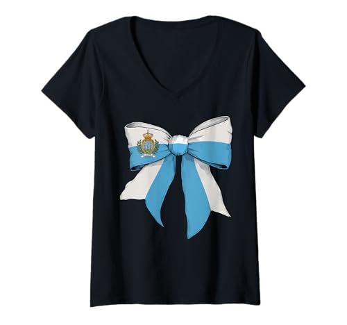 Damen San Marino Sammarinesischer Stolz Flagge Mädchen Kokette Schleife Band T-Shirt mit V-Ausschnitt von Womens Coquette Bow San Marino Heritage Flag Gifts