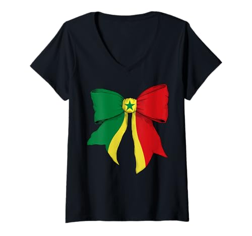 Damen Kokettenschleifenband mit senegalesischer Pride-Flagge für Mädchen T-Shirt mit V-Ausschnitt Damen Kokettenschleifenband mit senegalesischer Pride-Flagge für Mädchen T-Shirt mit V-Ausschnitt von Womens Coquette Bow Senegal Heritage Flag Gifts