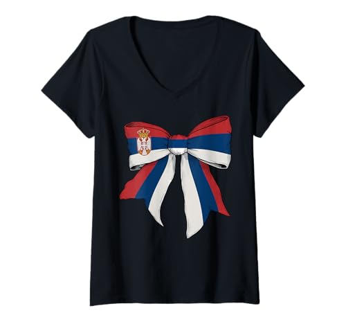 Damen Serbien Serbien Pride Flag Girl Coquette Bow Ribbon T-Shirt mit V-Ausschnitt Damen Serbien Serbien Pride Flag Girl Coquette Bow Ribbon T-Shirt mit V-Ausschnitt von Womens Coquette Bow Serbia Heritage Flag Gifts
