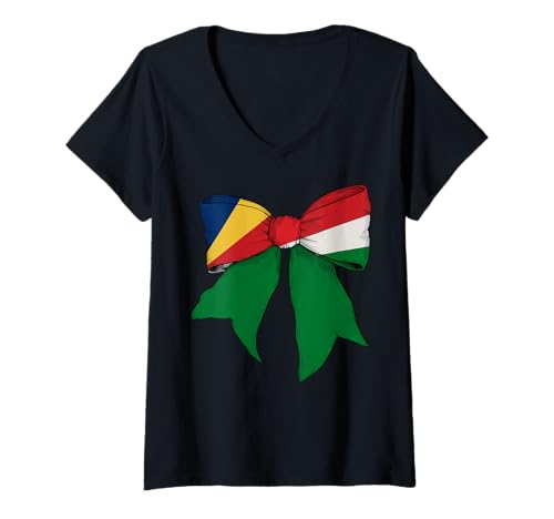 Damen Seychellen Seychellen Pride Flagge Mädchen Kokette Schleife Band T-Shirt mit V-Ausschnitt von Womens Coquette Bow Seychelles Heritage Flag Gifts