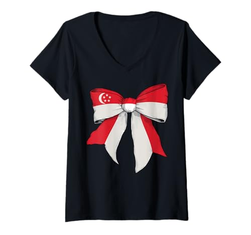 Damen Singapur Singapur Pride Flag Girl Coquette Bow Ribbon T-Shirt mit V-Ausschnitt von Womens Coquette Bow Singapore Heritage Flag Gifts