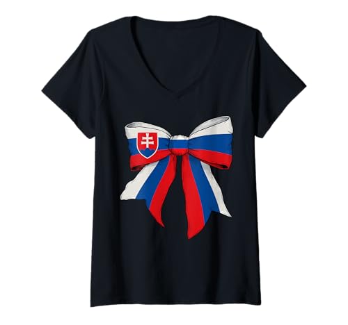 Damen Slowakei Slowakei Pride Flagge Mädchen Kokette Schleife Band T-Shirt mit V-Ausschnitt von Womens Coquette Bow Slovakia Heritage Flag Gifts