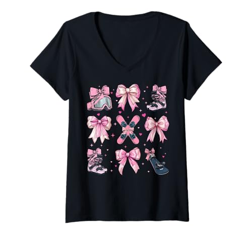 Damen Snowboard Snowboard Snowboarder Girl Coquette Bow Pink T-Shirt mit V-Ausschnitt Damen Snowboard Snowboard Snowboarder Girl Coquette Bow Pink T-Shirt mit V-Ausschnitt von Womens Coquette Bow Snowboarding Snowboard Gifts
