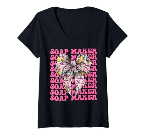 Damen Seifenhersteller Seifenherstellung Seifenhändler Mädchen Kokette Schleife Rosa T-Shirt mit V-Ausschnitt von Womens Coquette Bow Soap Maker Soap Making Gifts