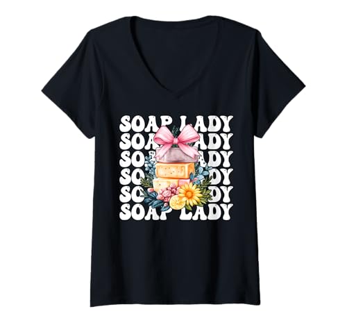 Damen Soap Lady Seifenherstellung Seifenhersteller Seifenhändler Mädchen Mama T-Shirt mit V-Ausschnitt Damen Soap Lady Seifenherstellung Seifenhersteller Seifenhändler Mädchen Mama T-Shirt mit V-Ausschnitt von Womens Coquette Bow Soap Making Soap Maker Gifts