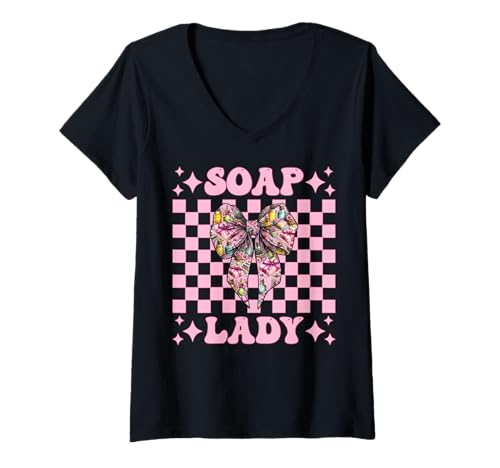 Damen Soap Lady Seifenherstellung Seifenhersteller Seifenhändler Mädchen Mama T-Shirt mit V-Ausschnitt von Womens Coquette Bow Soap Making Soap Maker Gifts