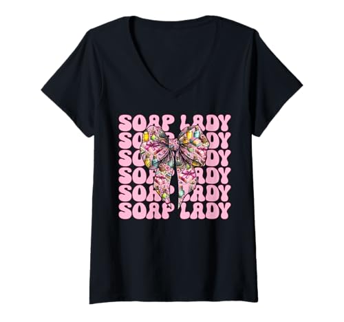 Damen Soap Lady Seifenherstellung Seifenhersteller Seifenhändler Mädchen Mama T-Shirt mit V-Ausschnitt von Womens Coquette Bow Soap Making Soap Maker Gifts