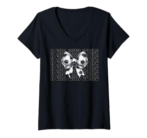 Damen Fußball-Mädchen Ein Mädchen mit Toren T-Shirt mit V-Ausschnitt Damen Fußball-Mädchen Ein Mädchen mit Toren T-Shirt mit V-Ausschnitt von Womens Coquette Bow Soccer Player Gifts