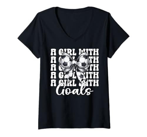 Damen Fußball-Mädchen Ein Mädchen mit Toren T-Shirt mit V-Ausschnitt von Womens Coquette Bow Soccer Player Gifts