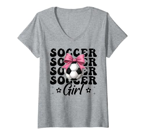 Damen Fußball Mädchen Fußball Mama Kokette T-Shirt mit V-Ausschnitt Damen Fußball Mädchen Fußball Mama Kokette T-Shirt mit V-Ausschnitt von Womens Coquette Bow Soccer Player Gifts
