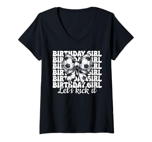 Damen Fußball-Mädchen Kokette Schleife Geburtstag Mädchen Let's Kick It T-Shirt mit V-Ausschnitt von Womens Coquette Bow Soccer Player Gifts