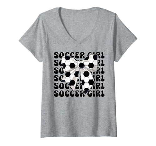 Damen Fußball-Mädchen Kokette Schleife T-Shirt mit V-Ausschnitt Damen Fußball-Mädchen Kokette Schleife T-Shirt mit V-Ausschnitt von Womens Coquette Bow Soccer Player Gifts