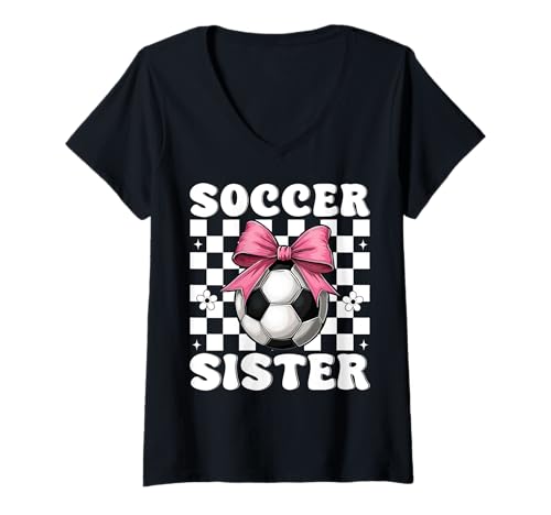 Damen Fußball Schwester Fußball Mädchen Kokette Bogen T-Shirt mit V-Ausschnitt Damen Fußball Schwester Fußball Mädchen Kokette Bogen T-Shirt mit V-Ausschnitt von Womens Coquette Bow Soccer Player Gifts