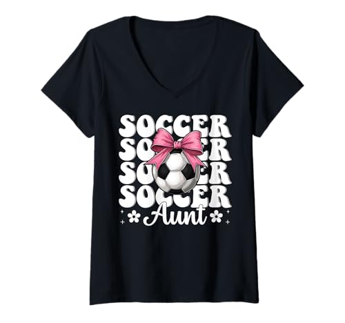 Damen Fußball Tante Fußball Tante Kokette Schleife T-Shirt mit V-Ausschnitt von Womens Coquette Bow Soccer Player Gifts