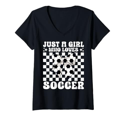 Damen Nur ein Mädchen, das Fußballmädchen Coquette Bow liebt T-Shirt mit V-Ausschnitt Damen Nur ein Mädchen, das Fußballmädchen Coquette Bow liebt T-Shirt mit V-Ausschnitt von Womens Coquette Bow Soccer Player Gifts