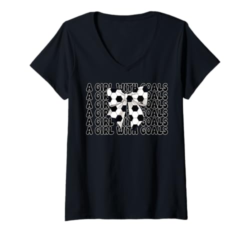 Damen Soccer Girl Coquette Bow Ein Mädchen mit Toren T-Shirt mit V-Ausschnitt Damen Soccer Girl Coquette Bow Ein Mädchen mit Toren T-Shirt mit V-Ausschnitt von Womens Coquette Bow Soccer Player Gifts