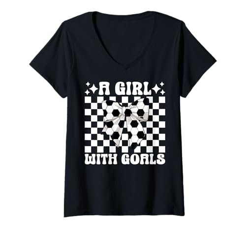 Damen Soccer Girl Coquette Bow Ein Mädchen mit Toren T-Shirt mit V-Ausschnitt Damen Soccer Girl Coquette Bow Ein Mädchen mit Toren T-Shirt mit V-Ausschnitt von Womens Coquette Bow Soccer Player Gifts