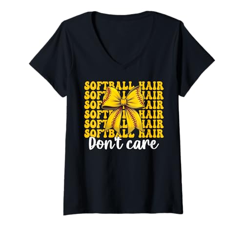 Damen Softball Hair Don't Care Softball Mädchen Softball Mama Kokette T-Shirt mit V-Ausschnitt von Womens Coquette Bow Softball Player Gifts
