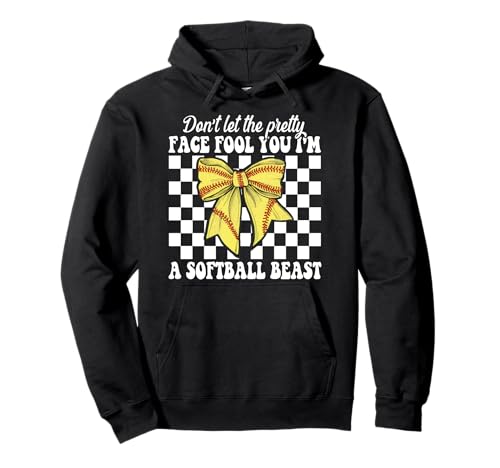 Lass Dich Nicht von dem hübschen Gesicht täuschen Ich Bin EIN Softball Beast Girl Pullover Hoodie von Womens Coquette Bow Softball Player Gifts