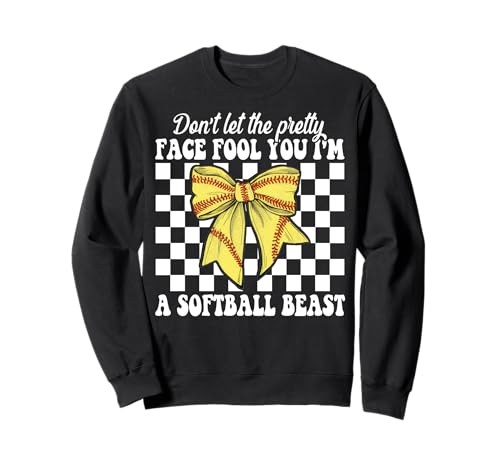 Lass Dich Nicht von dem hübschen Gesicht täuschen Ich Bin EIN Softball Beast Girl Sweatshirt von Womens Coquette Bow Softball Player Gifts