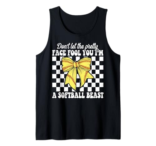 Lass Dich Nicht von dem hübschen Gesicht täuschen Ich Bin EIN Softball Beast Girl Tank Top von Womens Coquette Bow Softball Player Gifts