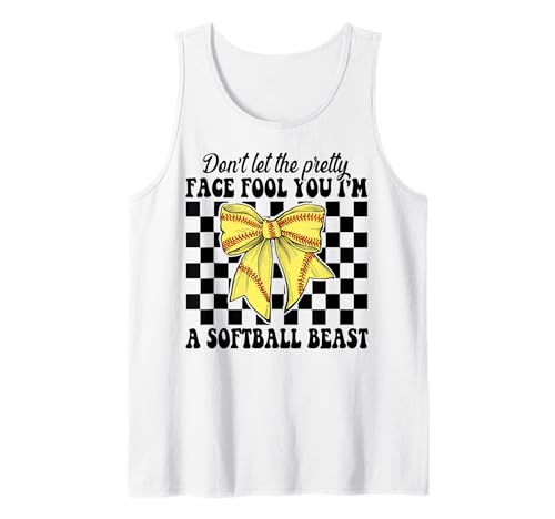 Lass Dich Nicht von dem hübschen Gesicht täuschen Ich Bin EIN Softball Beast Girl Tank Top von Womens Coquette Bow Softball Player Gifts