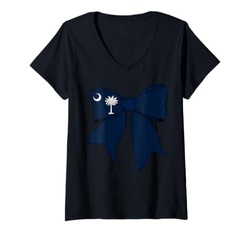 Damen Kokettenschleifenband für Mädchen, Flagge des Bundesstaates South Carolina T-Shirt mit V-Ausschnitt Damen Kokettenschleifenband für Mädchen, Flagge des Bundesstaates South Carolina T-Shirt mit V-Ausschnitt von Womens Coquette Bow South Carolina Heritage Gifts